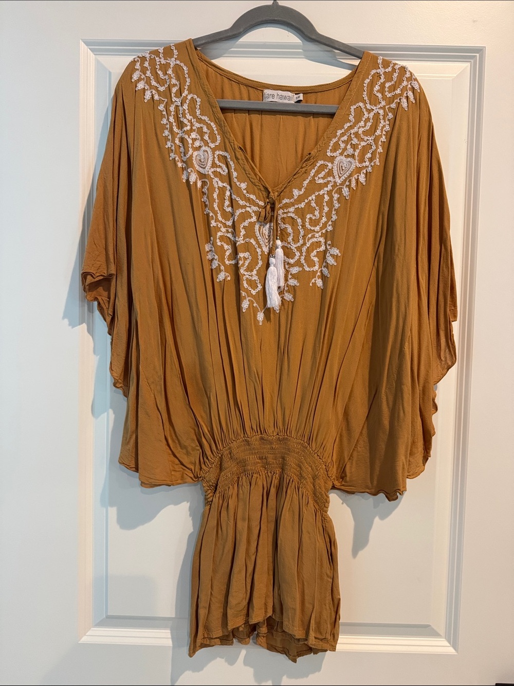 Tiare Hawaii Mustard Embroidered Peasant Tunic with Tassel